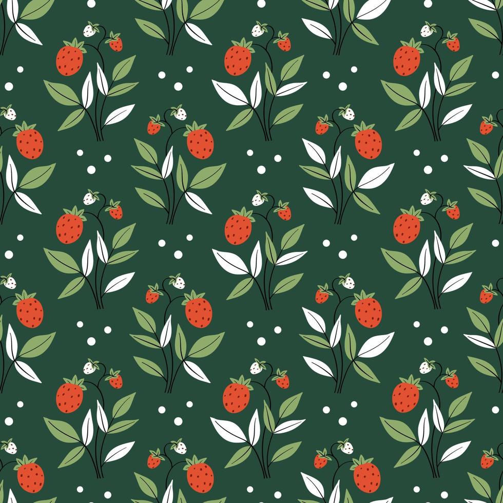 Cute summer pattern with red ripe strawberries. Seamless floral vector background