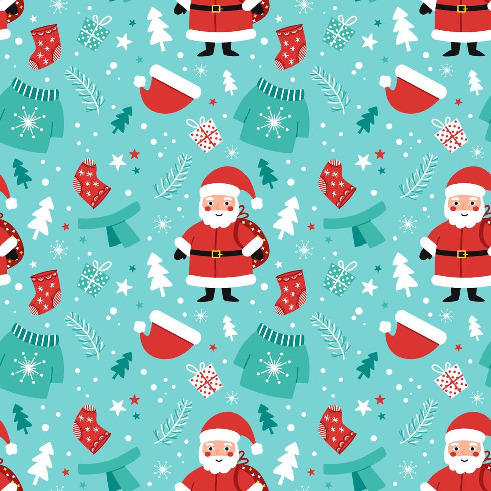 Funny children's festive pattern with Santa and warm clothes vector