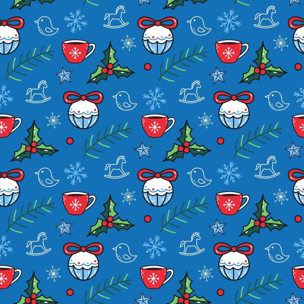 Cute christmas pattern with winter elements on blue background vector