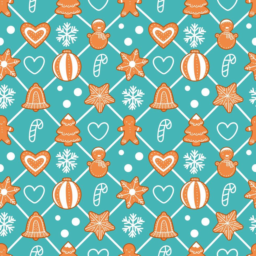 Cute seamless pattern with Christmas gingerbread cookies drawn in cartoon style vector