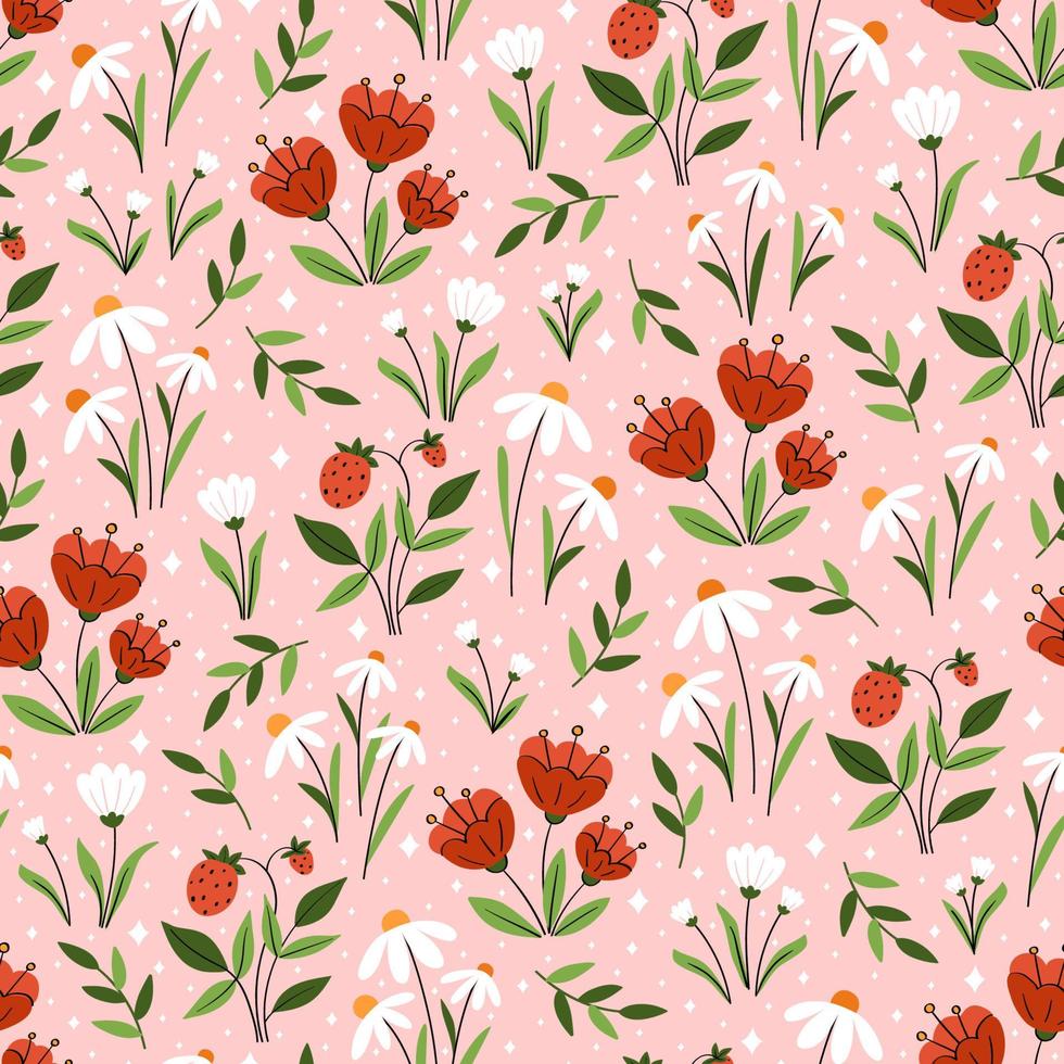 Cute summer pattern with blooming poppies, daisies vector