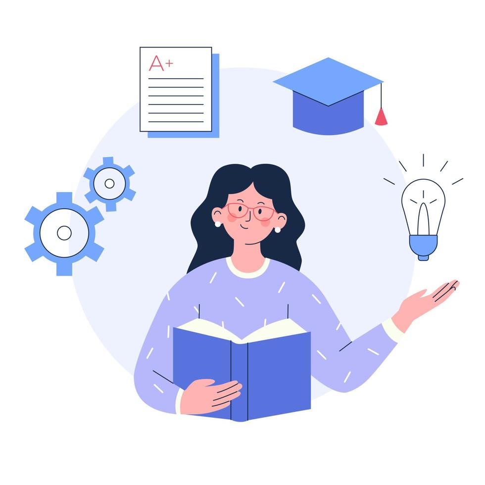 Concept of teaching, online learning and education. Female teacher or tutor with book. Flat vector illustration.