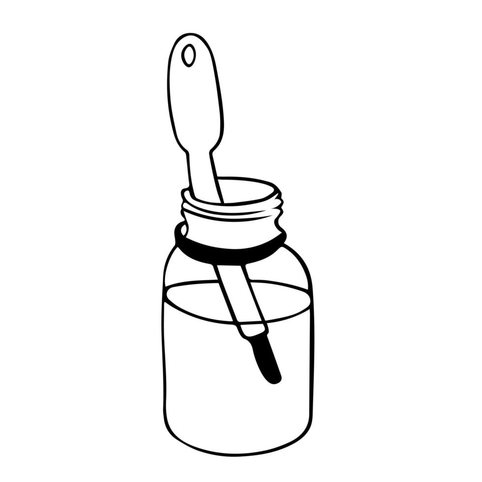 glass transparent vial, flask, jar, with liquid inside and pipette for sampling chemical, laboratory analysis. drawing a sketch. vector