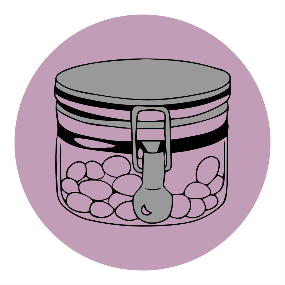 transparent glass jar with snap-on lid and metal clasp, half filled with balls. for storage of substances and liquids. there is no plastic here. recyclable packaging. vector