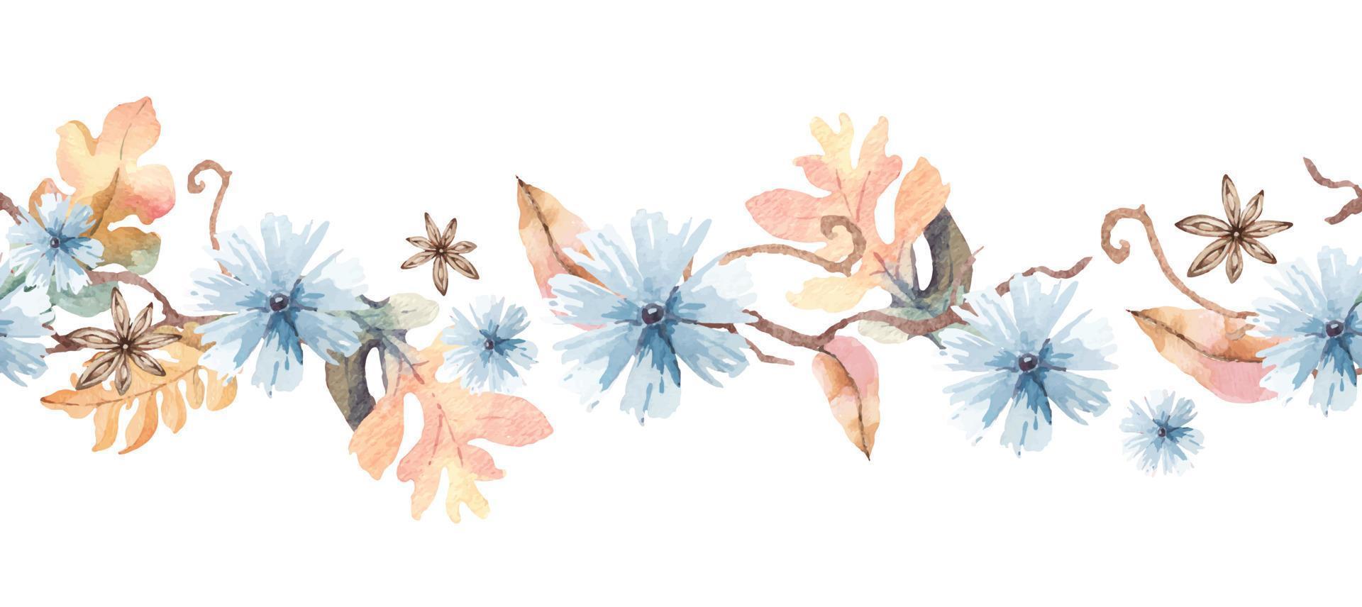 hojas y flores de borde sin costuras con borde de acuarela.botánico para diseño de borde.naturaleza de estilo vector