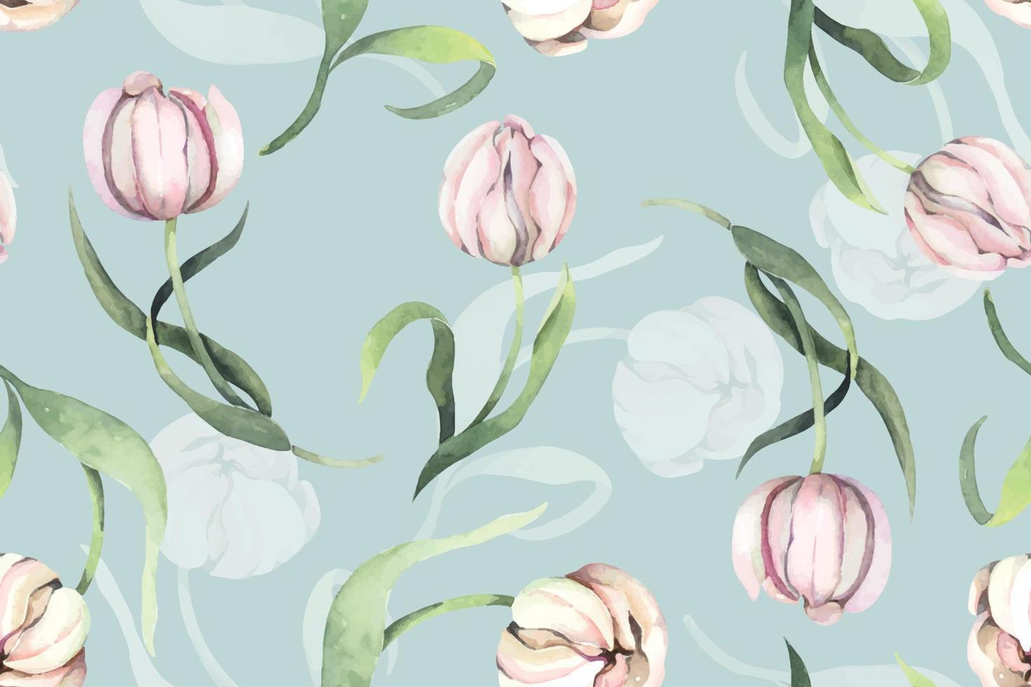Seamless pattern of tulips and blooming flower with watercolor.Designed for fabric and wallpaper,  vintage style.Hand drawn floral pattern.Botany background. vector