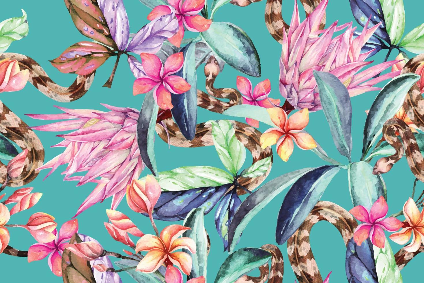 Seamless pattern of plumeria,botanical and snake painted in watercolor.Designed for fabric luxurious and wallpaper, vintage style.Botanical aloha background.Blooming flowers for summer. vector