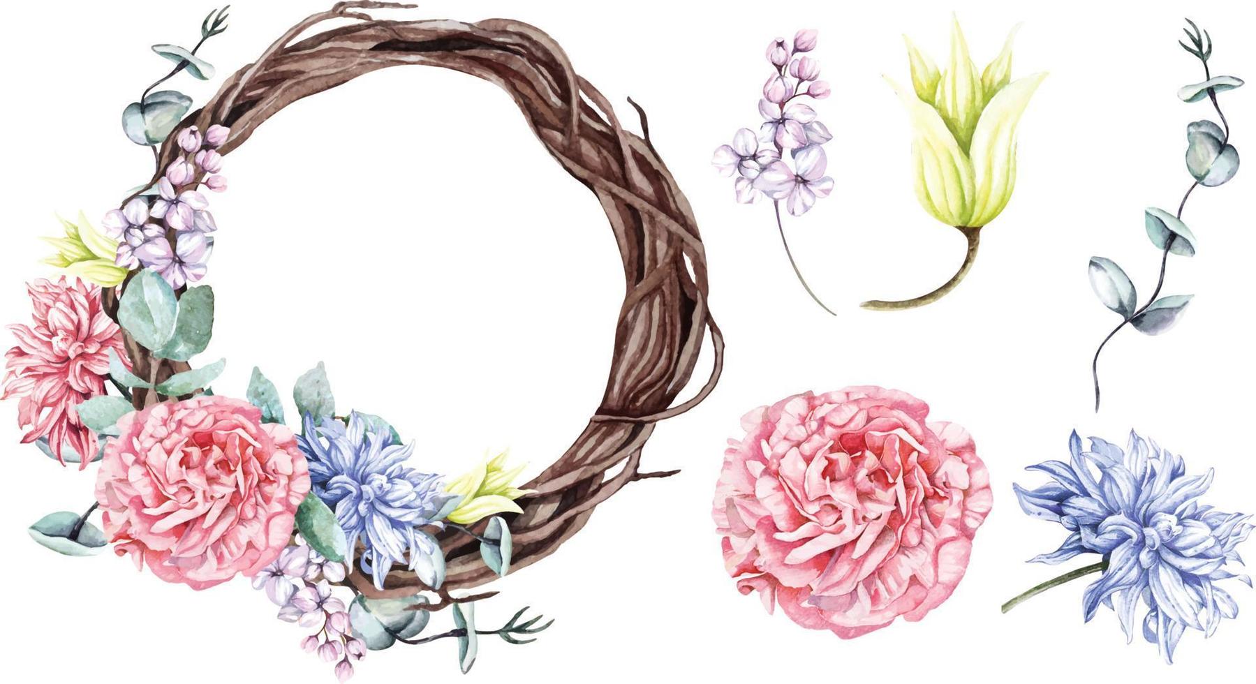 Flowers and vines wreath painted in watercolor.Flora for invitation, wedding or greeting cards. vector