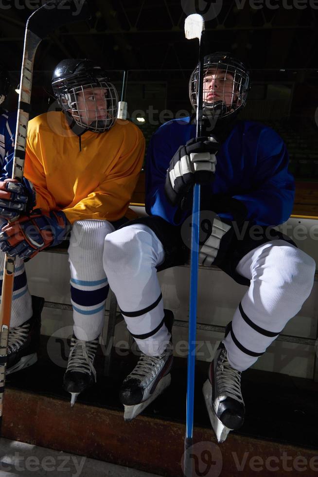 ice hockey players on bench photo