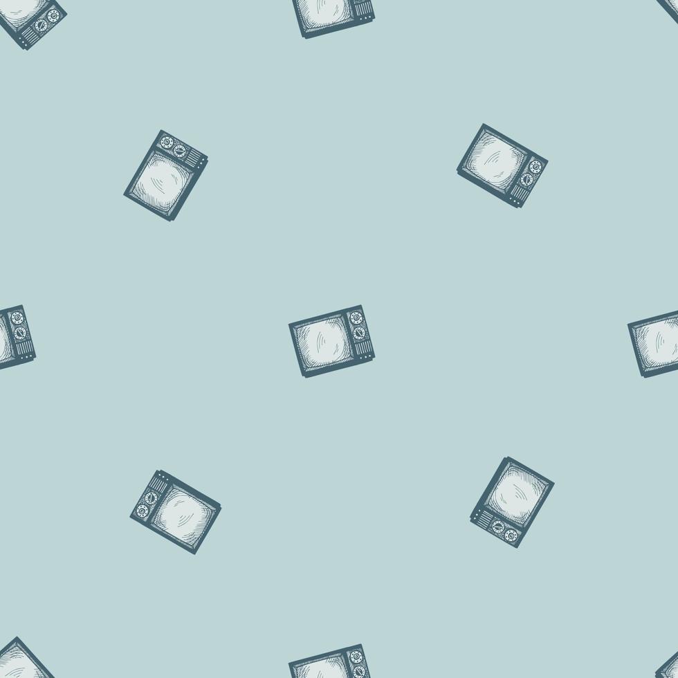 Retro TV engraved seamless pattern. Vintage television media in hand drawn style. vector