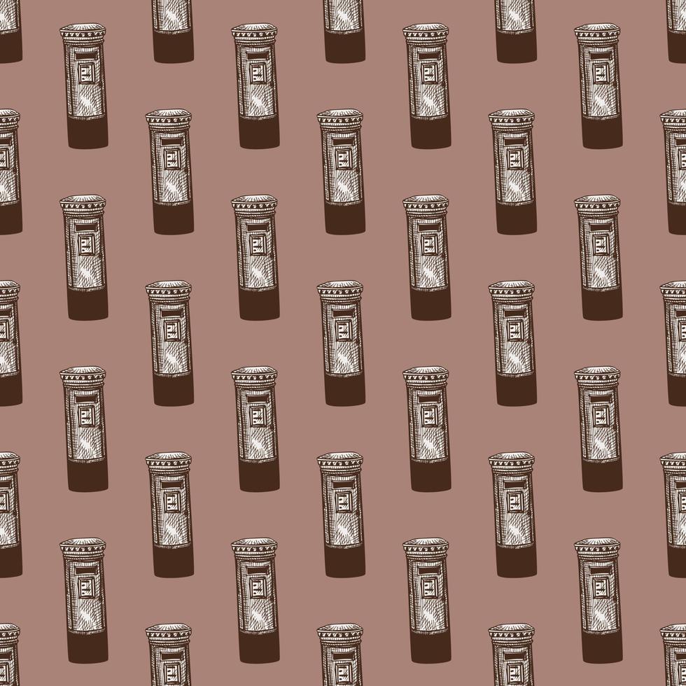 Mailbox engraved seamless pattern. Vintage letterbox in hand drawn style. vector