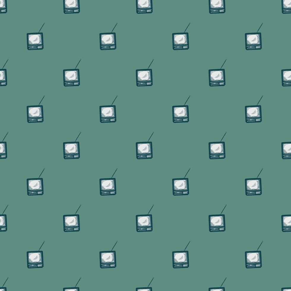 Retro TV with antenna engraved seamless pattern. Vintage television in hand drawn style. vector