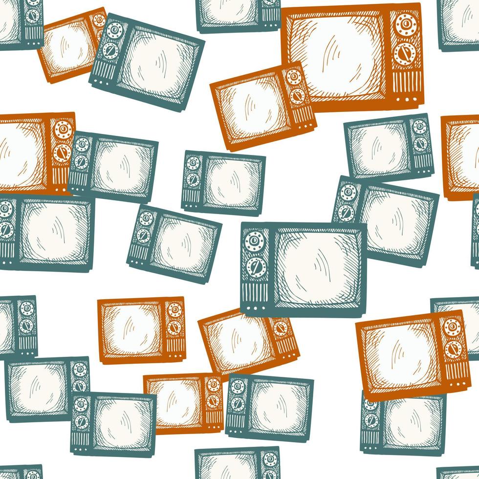 Retro TV engraved seamless pattern. Vintage television media in hand drawn style. vector