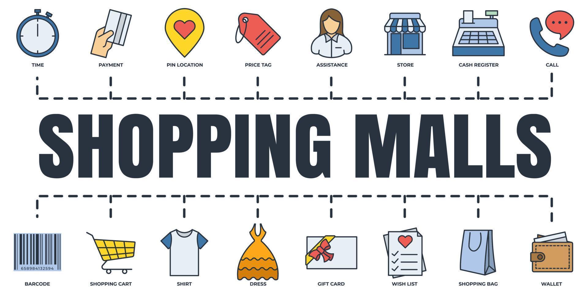 Shopping malls banner web icon set. store, price tag, shopping cart