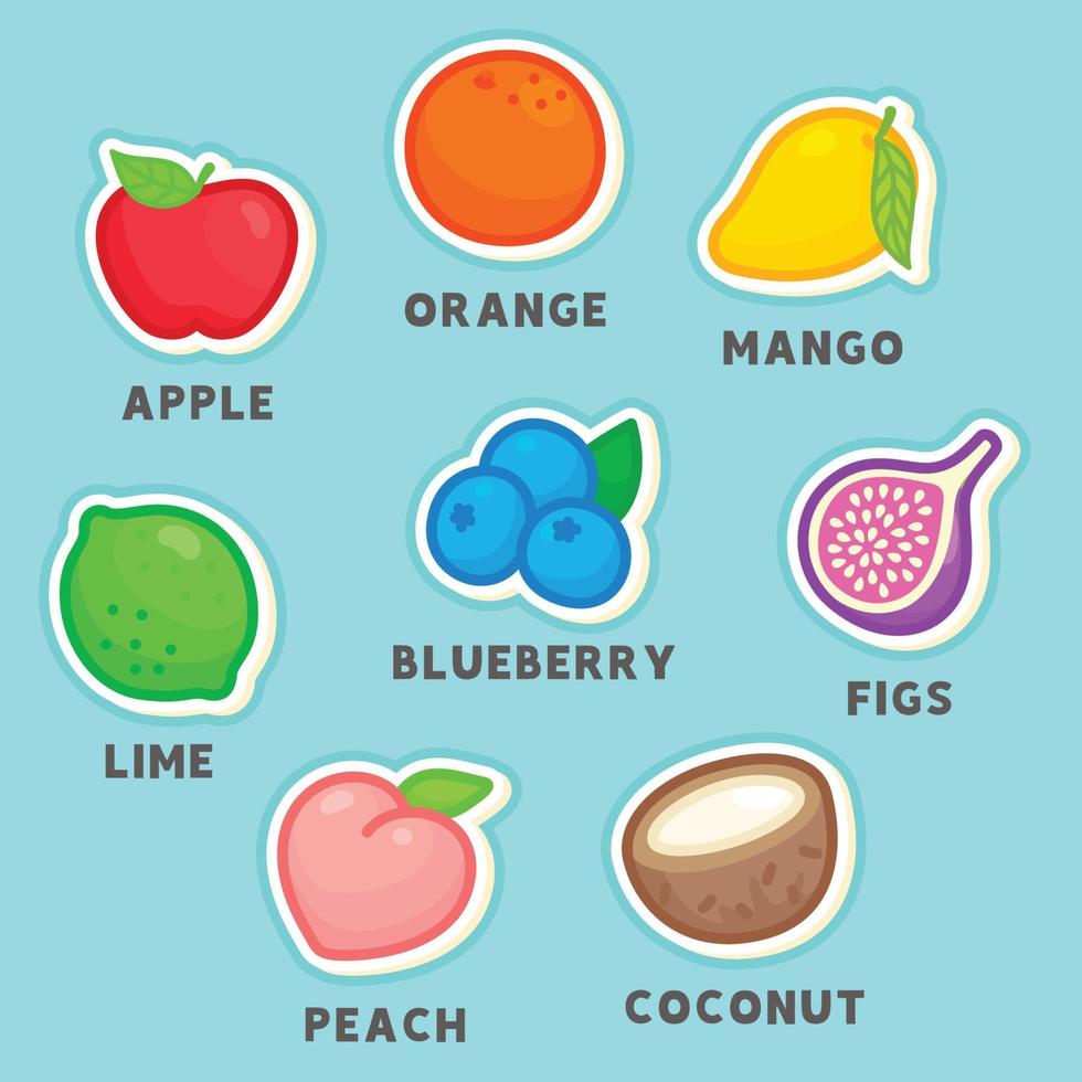 vocabulario sobre la tabla de diagrama de frutas del arco iris en ingléssujeto kawaii garabato vector dibujos animados