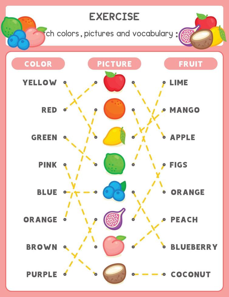 Draw a line matching the words and picture about fruits exercises sheet kawaii doodle vector cartoon