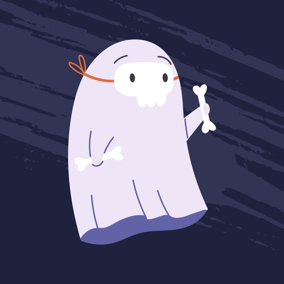 Halloween ghost character in skeleton costume. Scary Halloween spooky phantom. Adorable magic spirit. Childish flat vector illustration