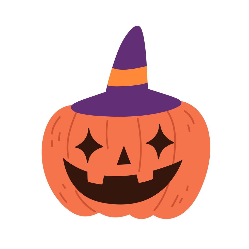 Jack-O-Lantern. Halloween pumpkin with witches hat. Scary Halloween pumpkin wearing a witch hat. Flat vector illustration isolated on white background