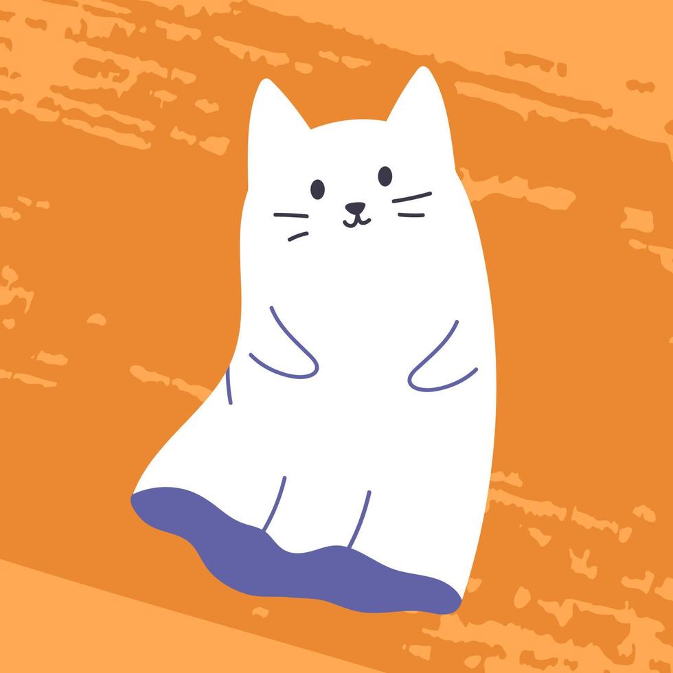 lindo personaje de gato o perro fantasma de halloween. divertido espeluznante espíritu de bebé sonriendo. fantasma amistoso de las vacaciones de helloween. dulce fantasma mágico con ojos de gato. ilustración vectorial plana aislada vector