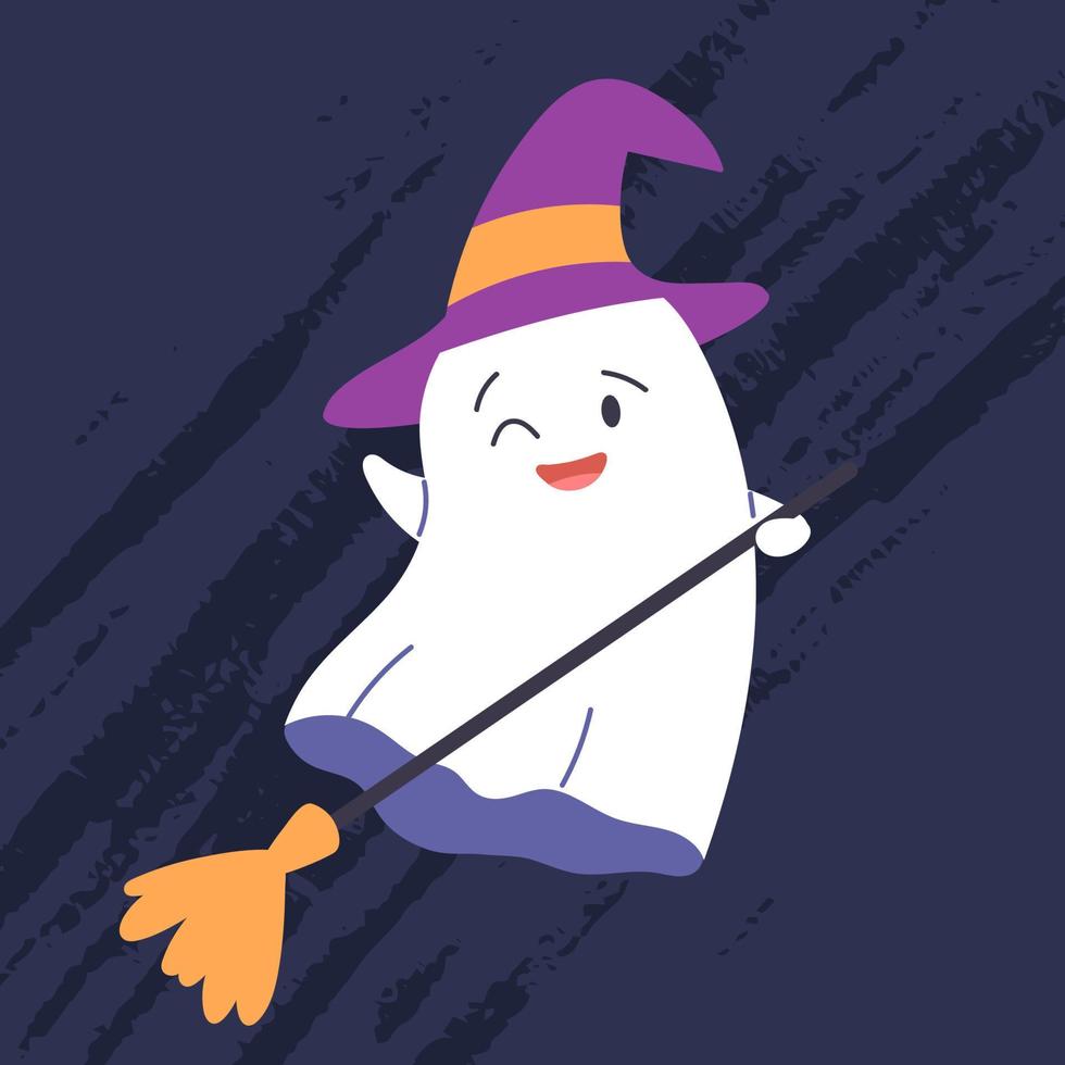 Halloween ghost character in witch costume. Funny spooky phantom, baby character smiling, welcoming. Adorable magic spirit. Childish flat vector illustration