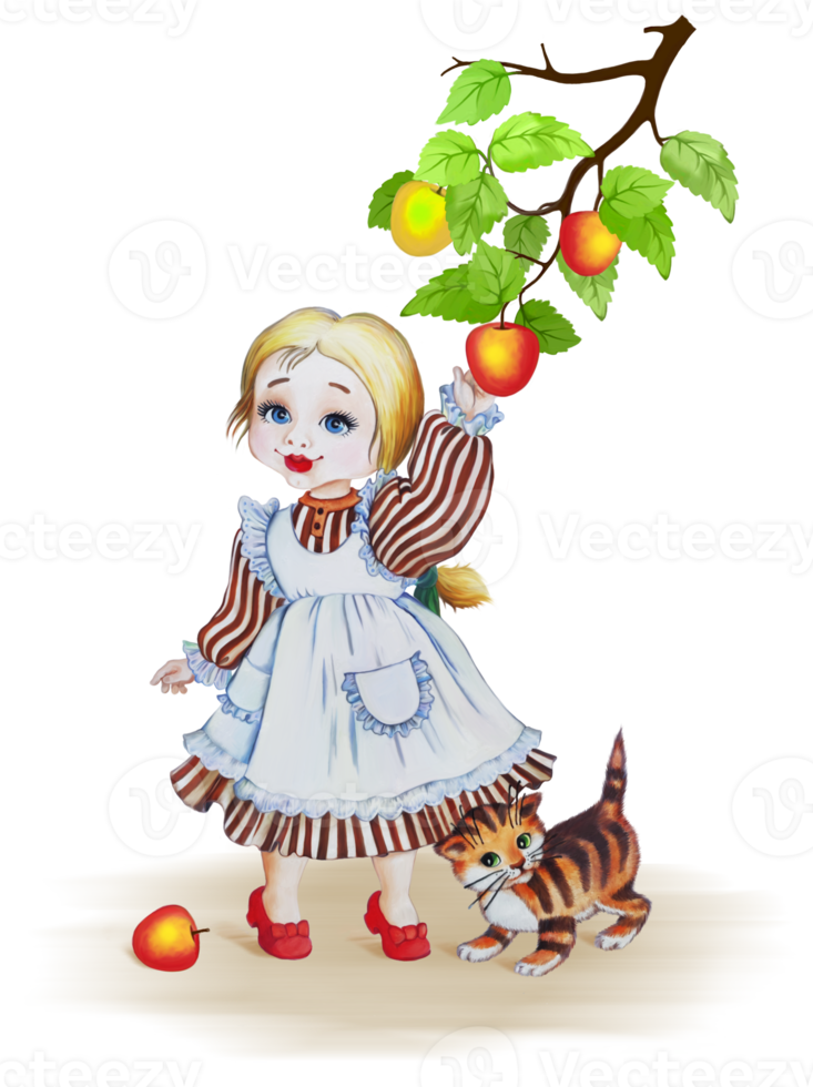 petite fille dans un style rétro avec des pommes et chaton. carte. illustration pour un livre pour enfants. png