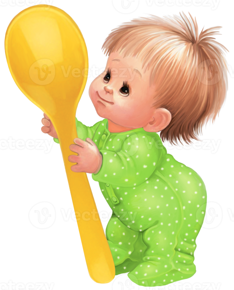 A small child with a big spoon. Illustration for a label for a children's food or a children's book. png