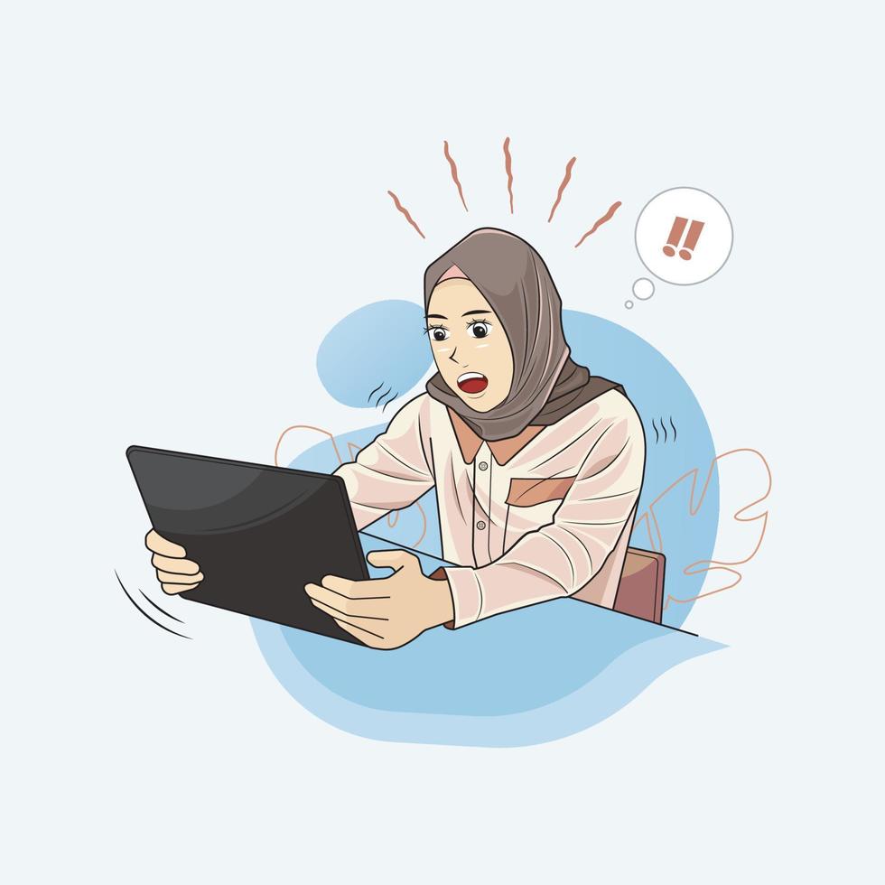 Young Muslim woman in hijab panic at mobile digital tablet pad vector illustration free download