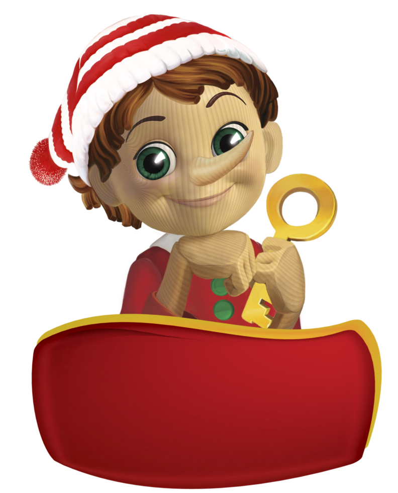 Illustration for children's book or for a label Pinocchio with the gold key in his hand. png
