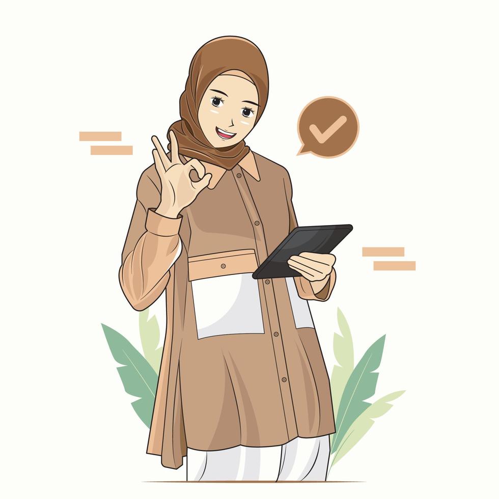 joven mujer musulmana en hijab sosteniendo tableta ilustración vectorial descarga gratuita vector