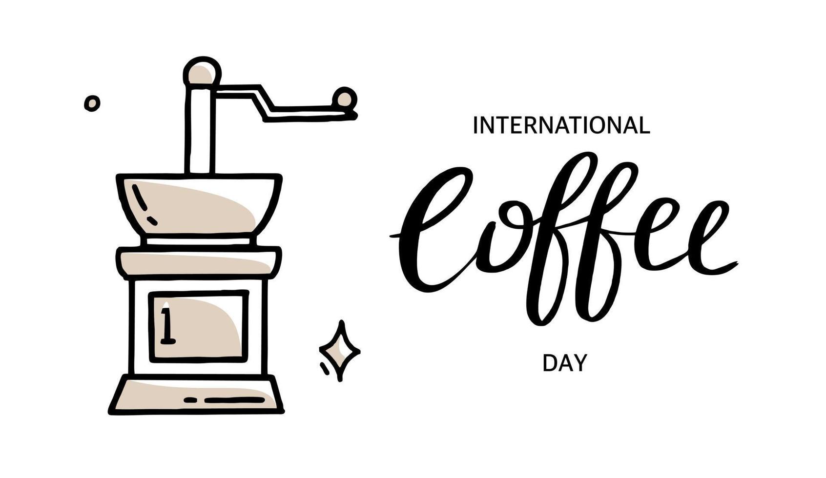 International Coffee Day in black and beige Vector illustration in hand drawn style