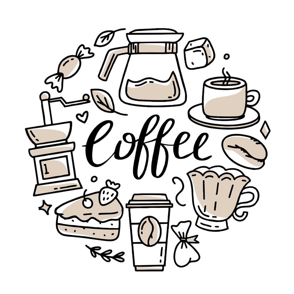 A set of elements for a coffee shop To use for posters banners postcards and packaging design Vector illustration in the style of hand drawn