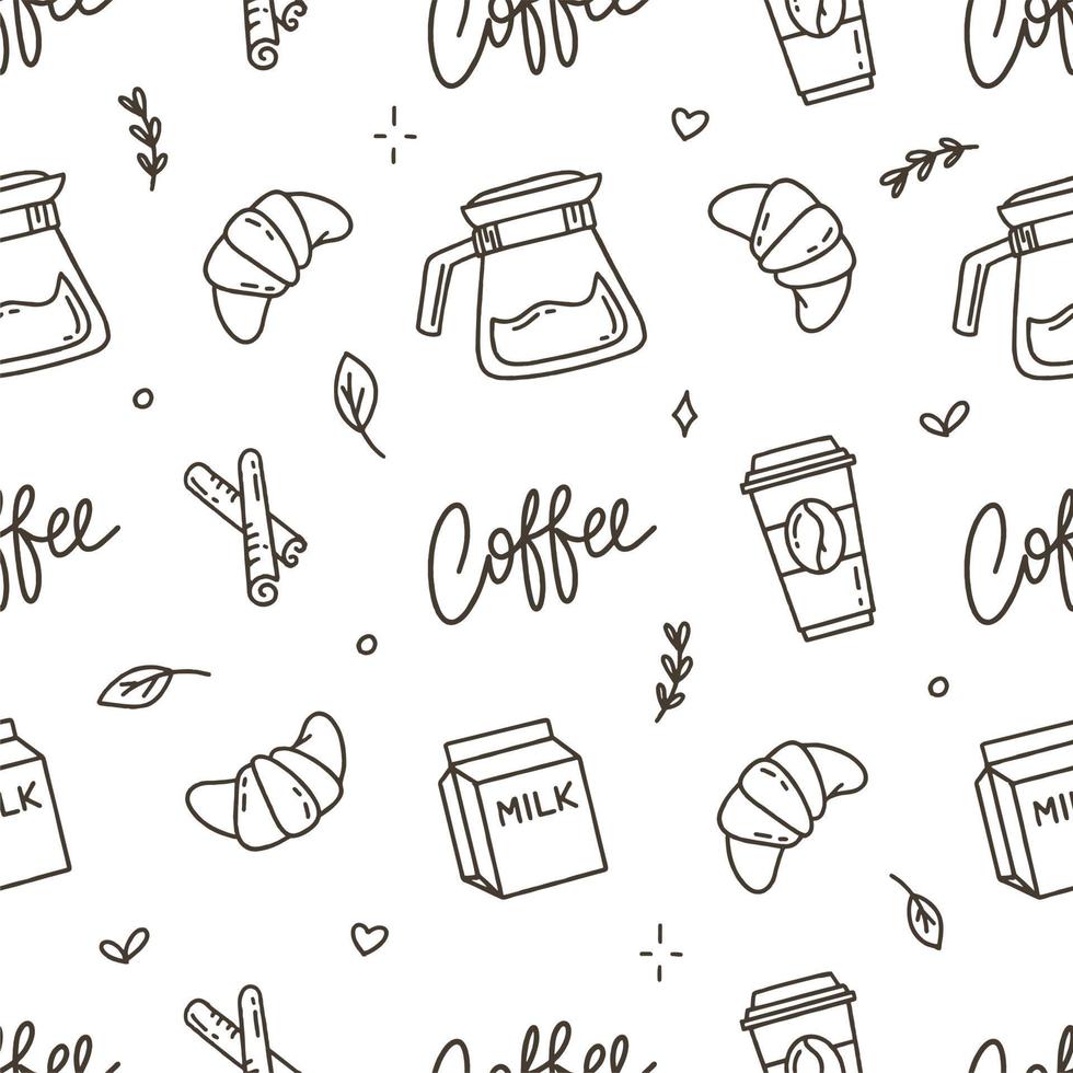 Coffee pattern with Turkish beans and croissants on a white background. Vector illustration in doodle style