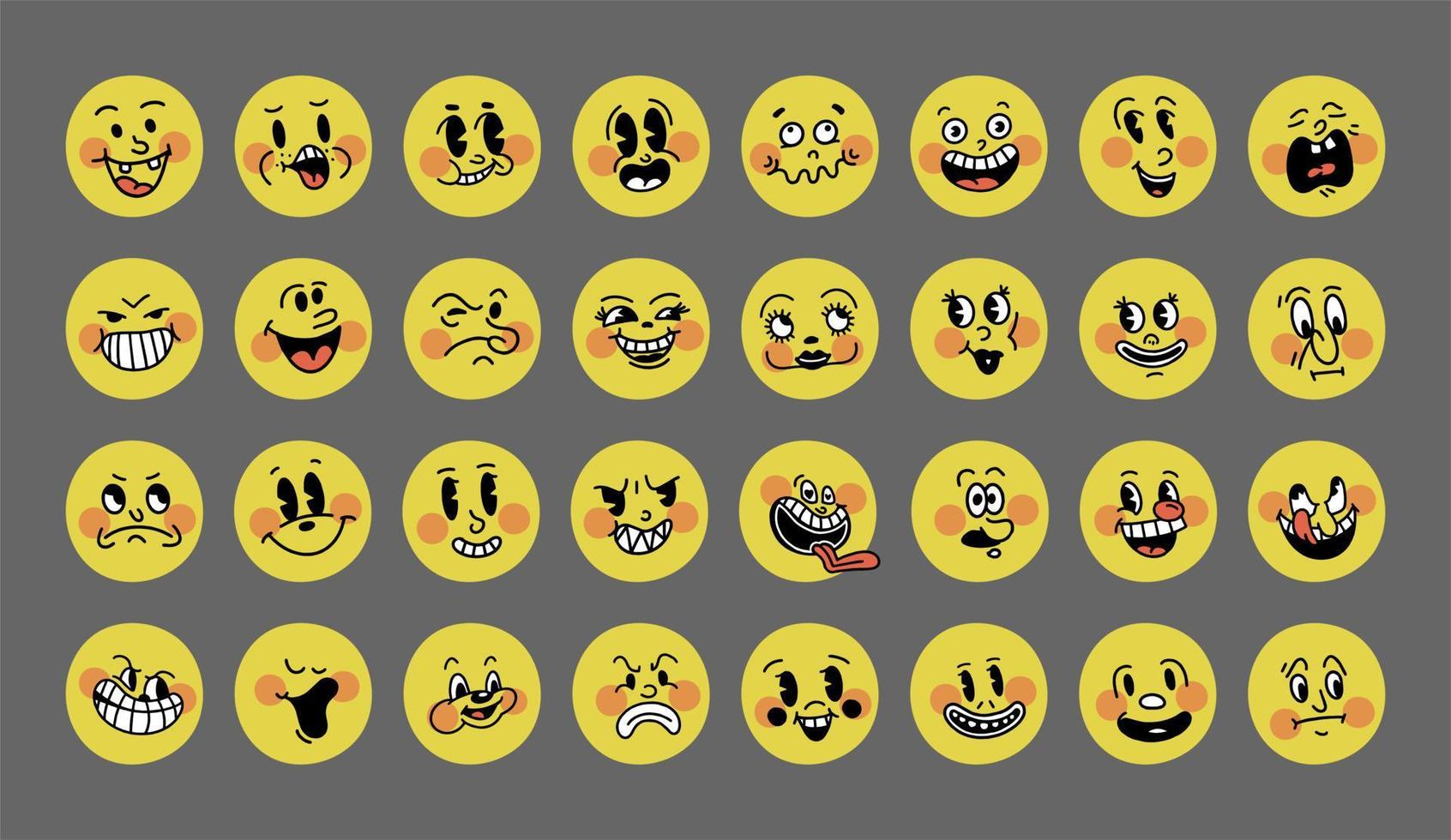 Smiley retro emoji. The faces of cartoon characters of the 30s big set. Vintage comic smile vector illustration