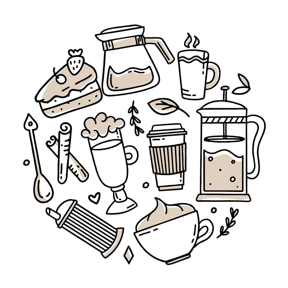 un conjunto de elementos para que una cafetería los use para carteles, pancartas, postales y diseño de empaque, ilustración vectorial en el estilo de dibujado a mano vector