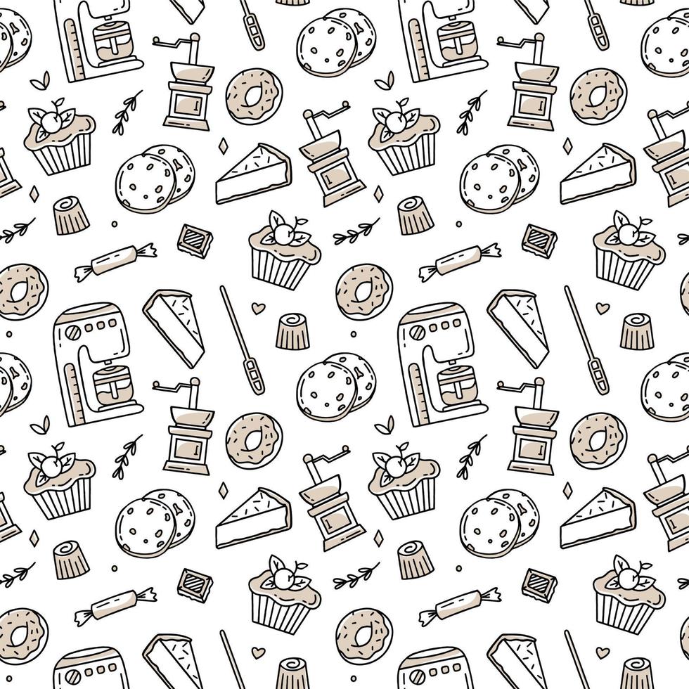 Coffee pattern with Turkish beans and croissants on a white background. Vector illustration in doodle style