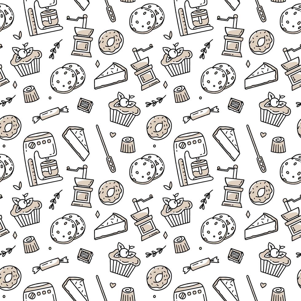 Coffee pattern with Turkish beans and croissants on a white background. Vector illustration in doodle style