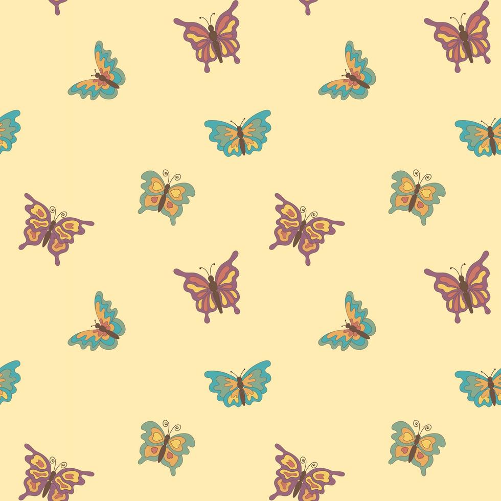 Seamless pattern with colorful cartoon butterflies in retro style on a beige background. For textile, wrapper, background. vector