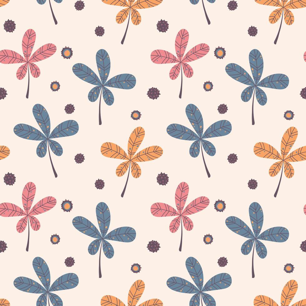 Seamless autumn pattern of chestnut leaves on a beige background in warm palette. vector