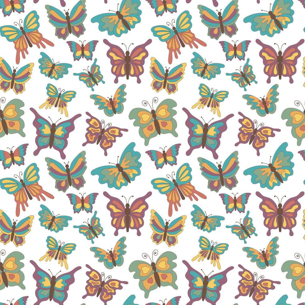 Seamless pattern with colorful cartoon butterflies in retro style on a white background. For textile, wrapper, background. vector