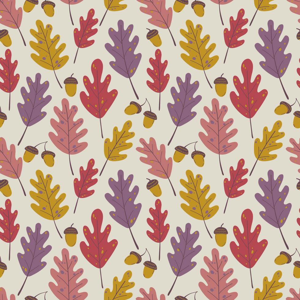 Seamless autumn pattern of acorns and oak leaves on a beige background in warm palette. For textile, wrapper, background. vector
