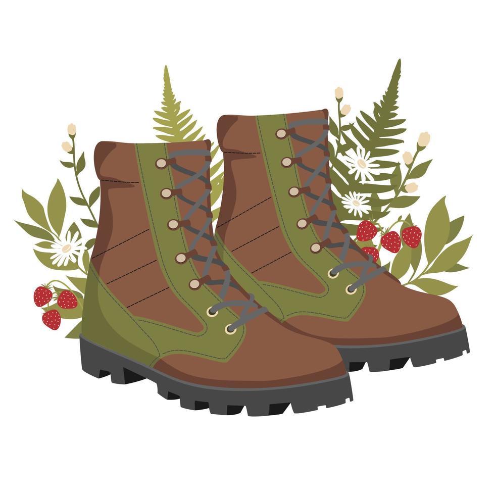 Hiking boots with forest grasses and wild strawberries. vector