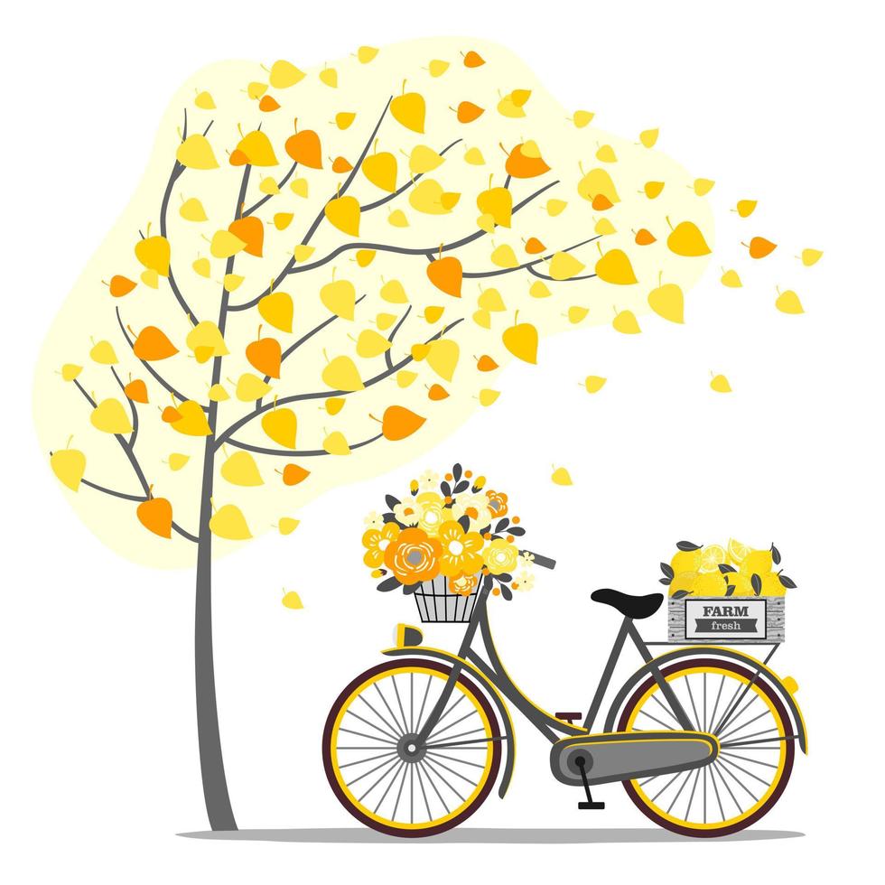 una bicicleta con limones y flores amarillas bajo un árbol de otoño. vector