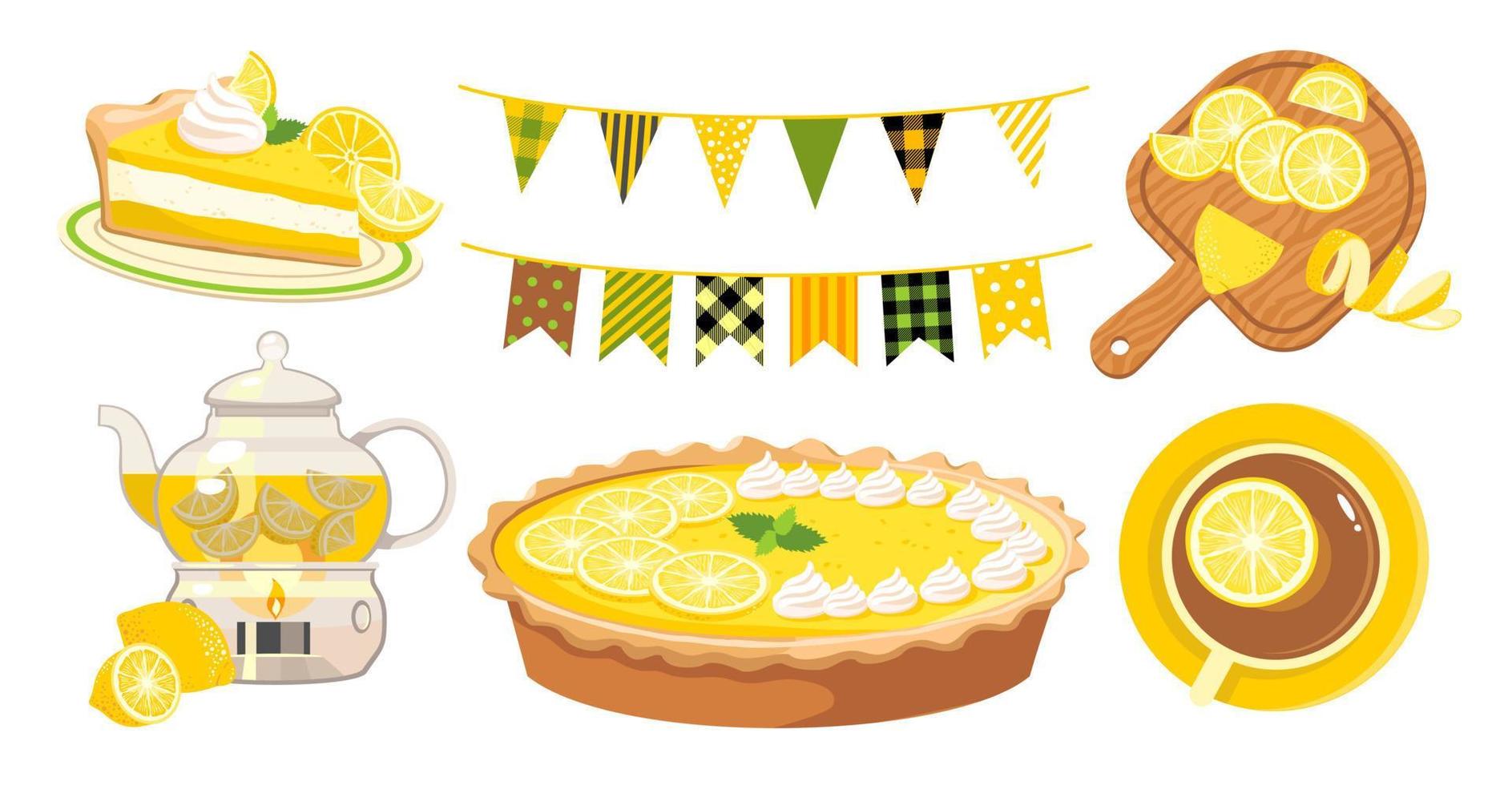 Lemon tea set. Lemon pie. vector