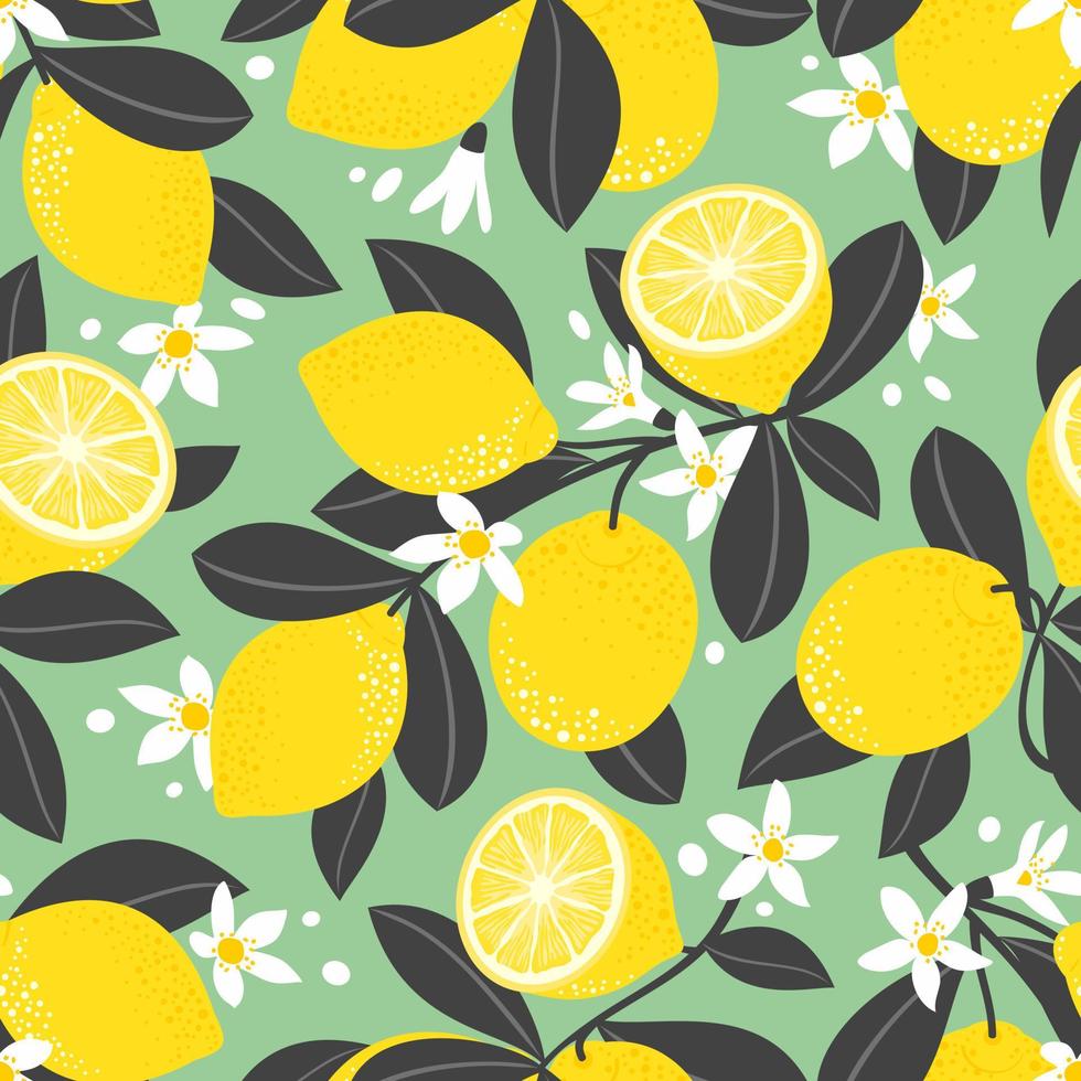 Lemon seamless pattern. Lemon blossoming branches. Lemon fruits, halves, flowers, leaves on a green background. vector