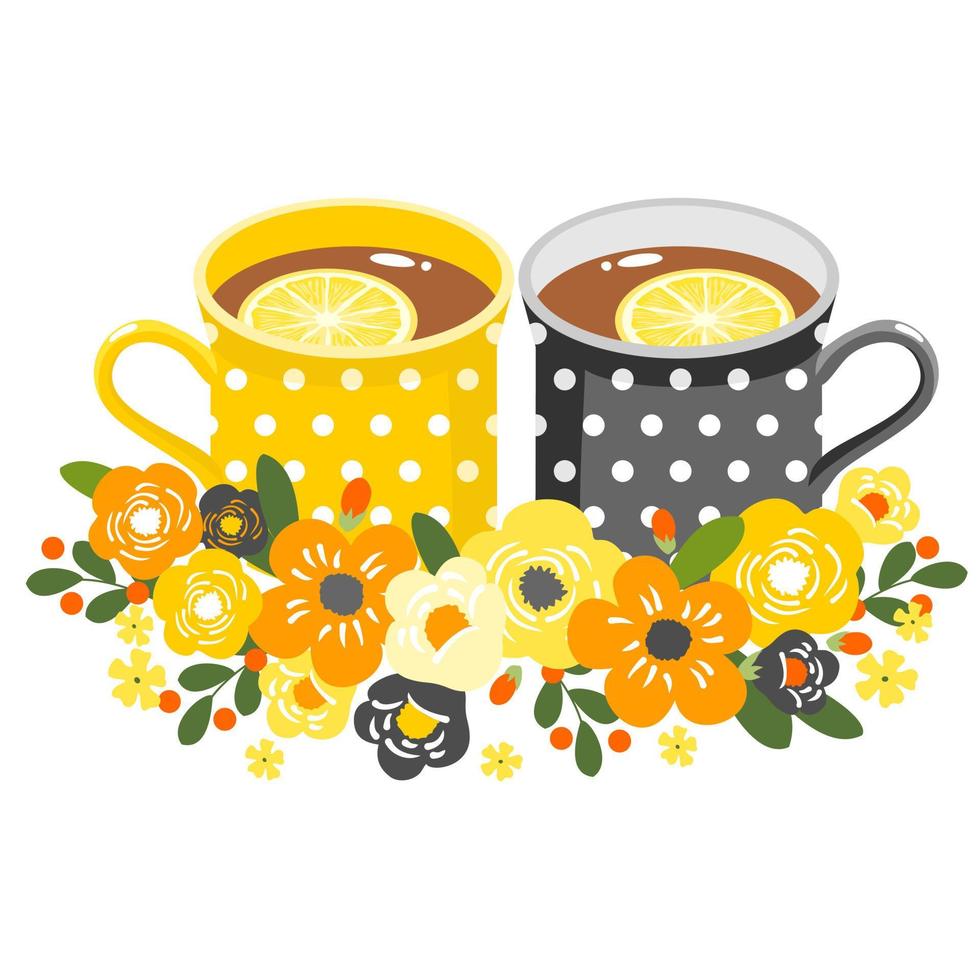 Two ceramic tea cups with a slice of lemon. vector