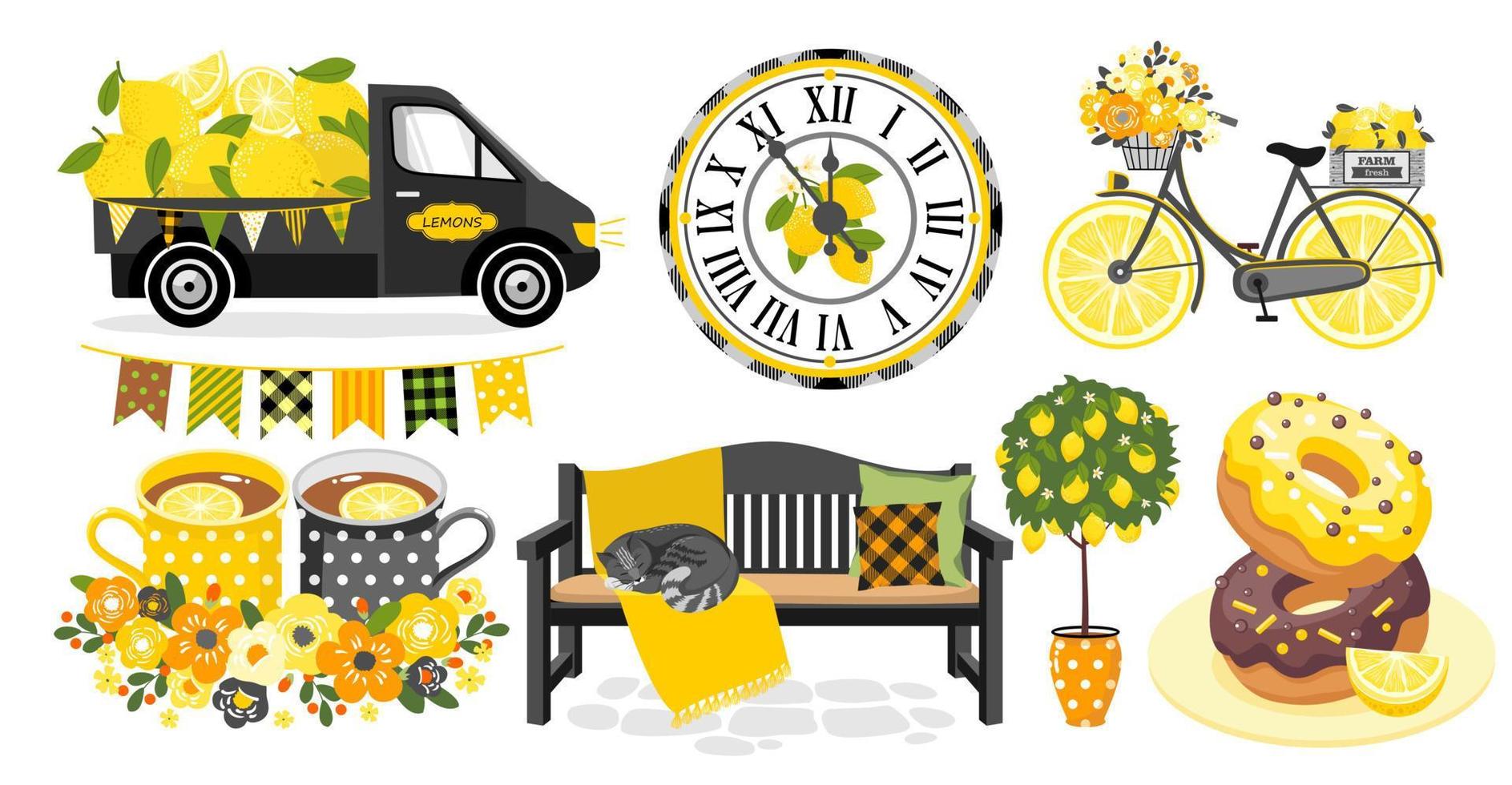 Lemon cliparts set. A truck with lemons, a bicycle with a flower basket, a bench, glazed donuts, a tree. vector