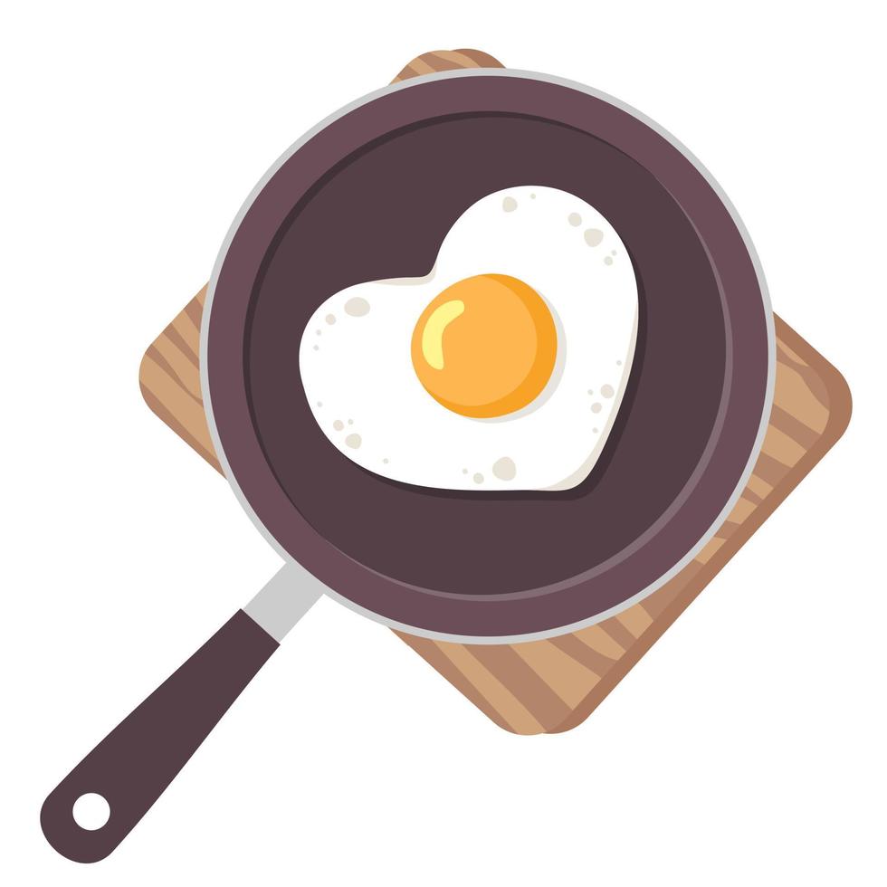 Fried eggs in the shape of a heart in a frying pan. Top view. vector