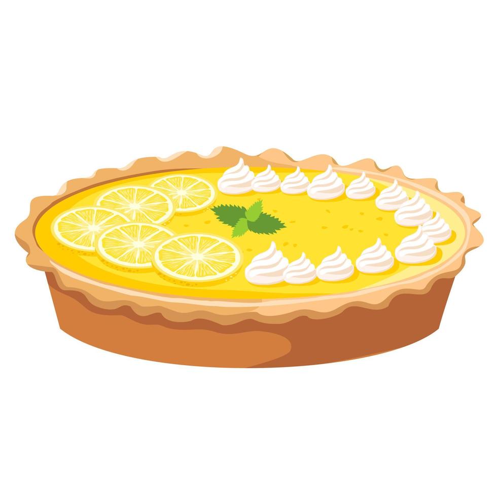 una tarta de limón entera con rodajas de limón y merengues. vector