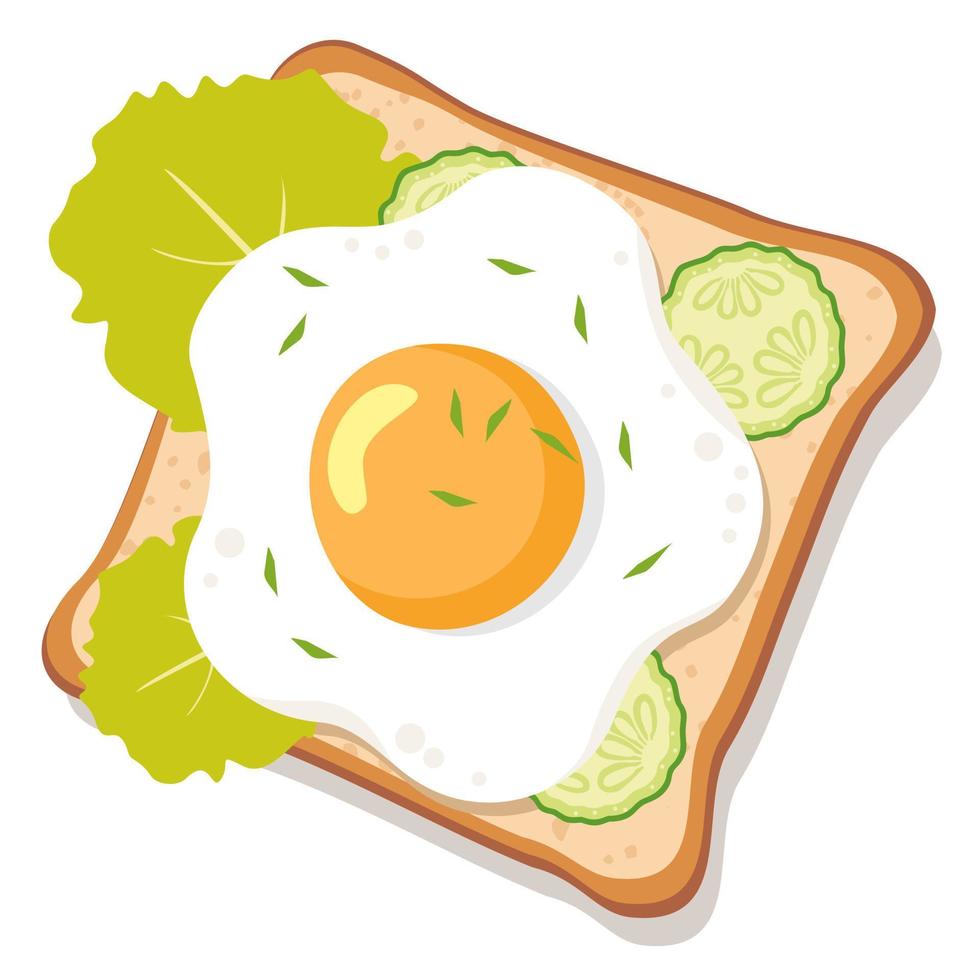 Toast with fried eggs, herbs, fresh cucumbers. View from above. vector