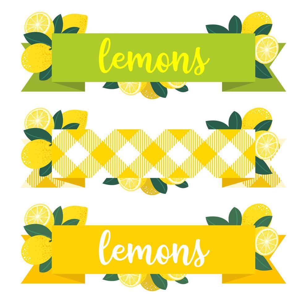 Lemon ribbons set with fruits and leaves . vector